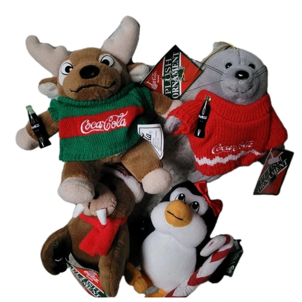 Lot of 4 Vintage Coca-Cola Plush Bean Bag Ornament Penguin Seal Walrus Moose NWT